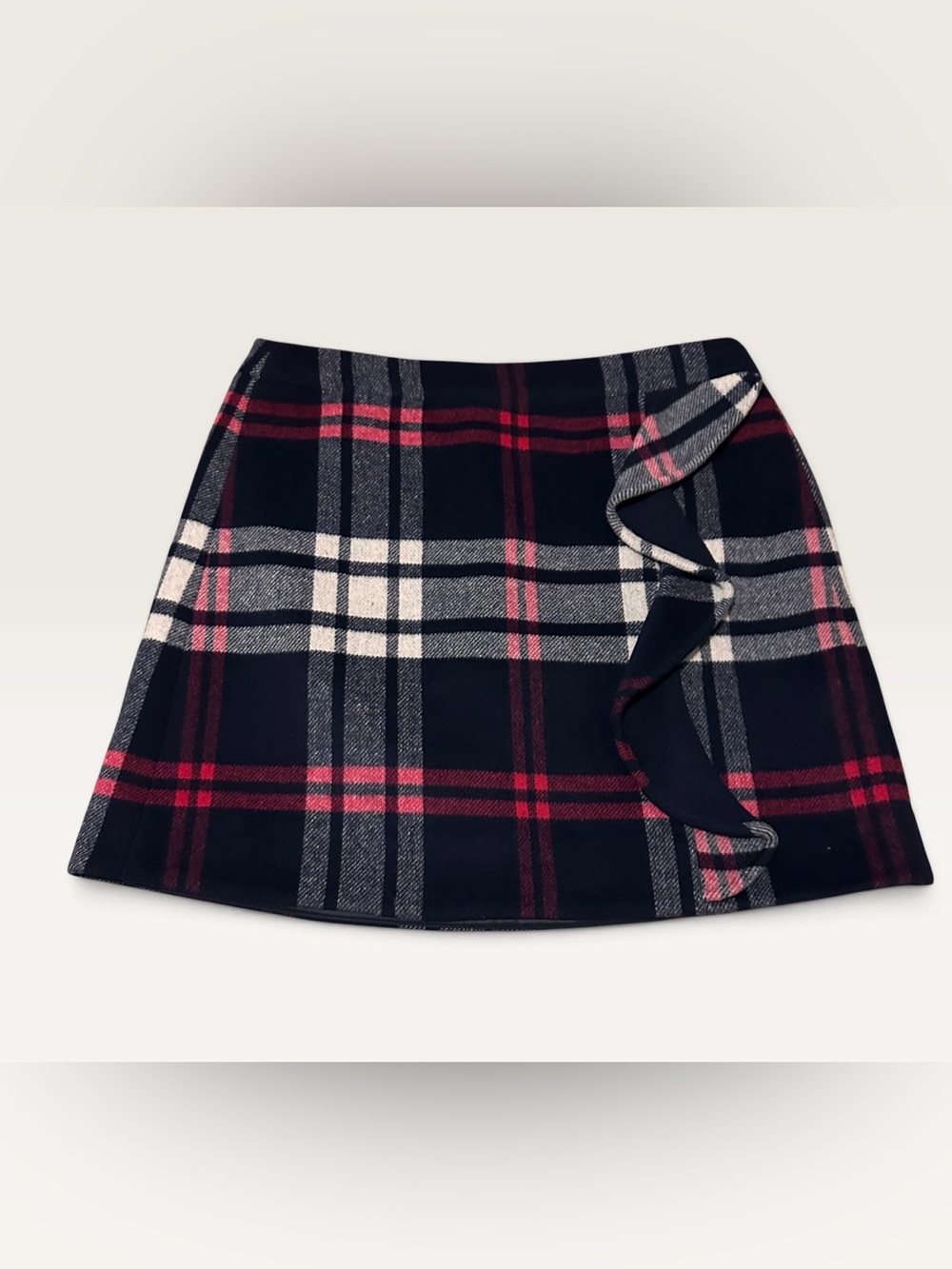 J.Crew Wool Blend Plaid Ruffle Mini Skirt Navy Red Size 12 - Picture 2 of 9